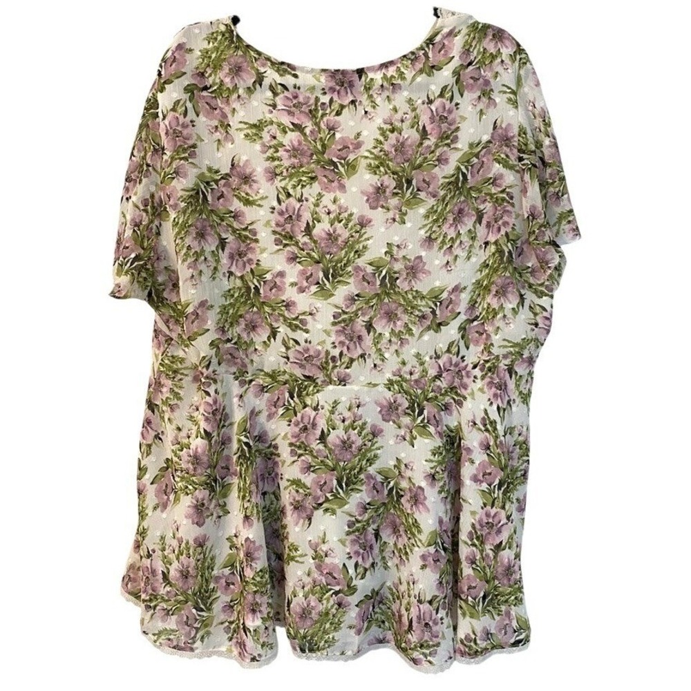 Torrid 2 Floral‎ Clip Dot Chiffon Lace Trim Flutter Sleeve Blouse Purple Green - Picture 12 of 14